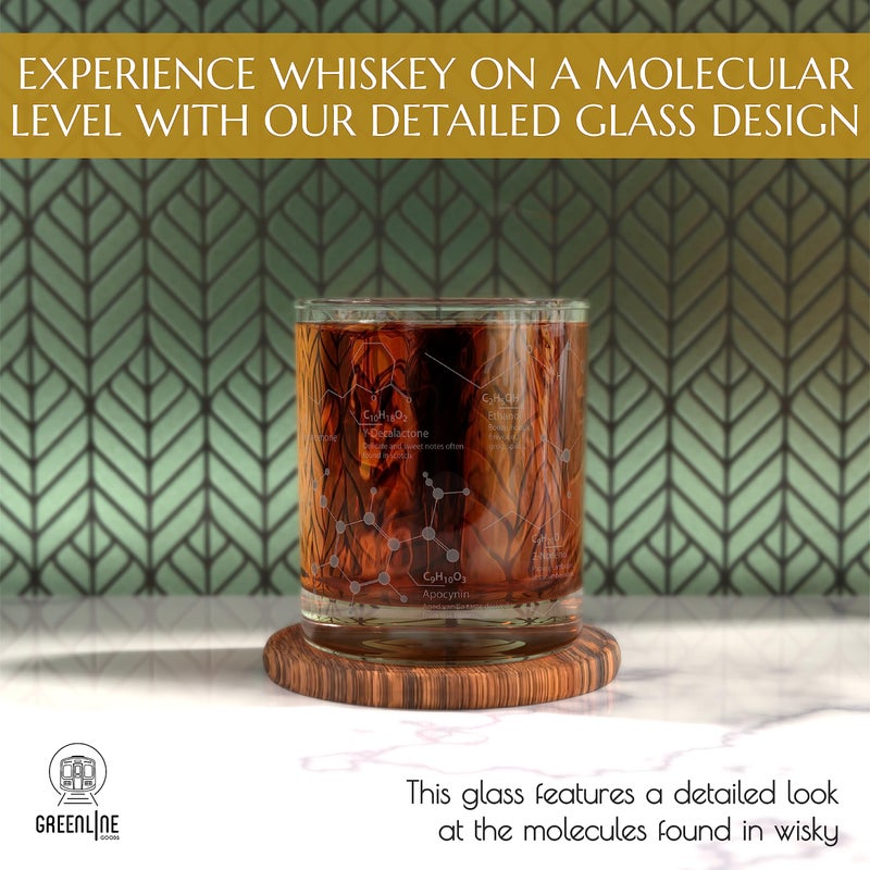 Greenline Goods Whiskey Glasses - 10 oz Tumbler Science of Whisky Glass - Etched with Whiskey Chemistry Molecules | Old Fashioned Rocks Glassware - Image 2